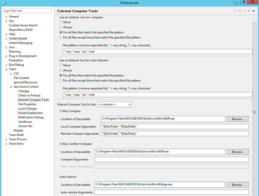 Preferences - options for external tool comparison and auto-resolve, 3-way conflict compare, auto-resolve